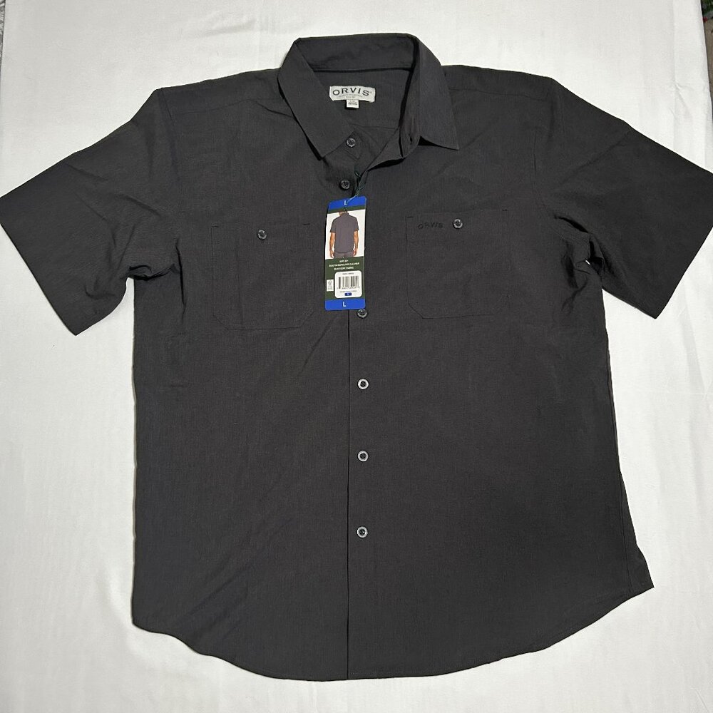 Orvis Men's Large Shirt NWT Dark Gray Quick Dry UPF 30+ Sunglass Cleaner Hiking